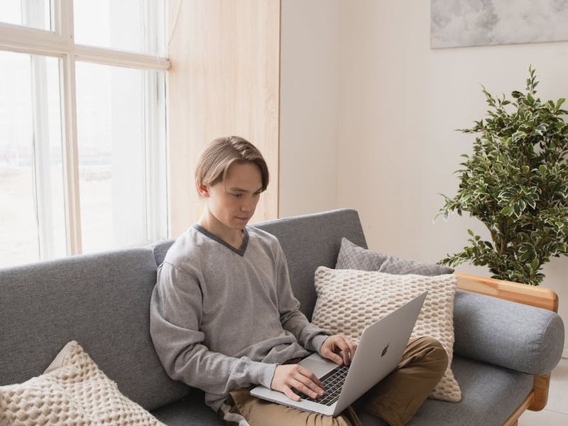 A person sitting comfortably near a window with a green plant.
